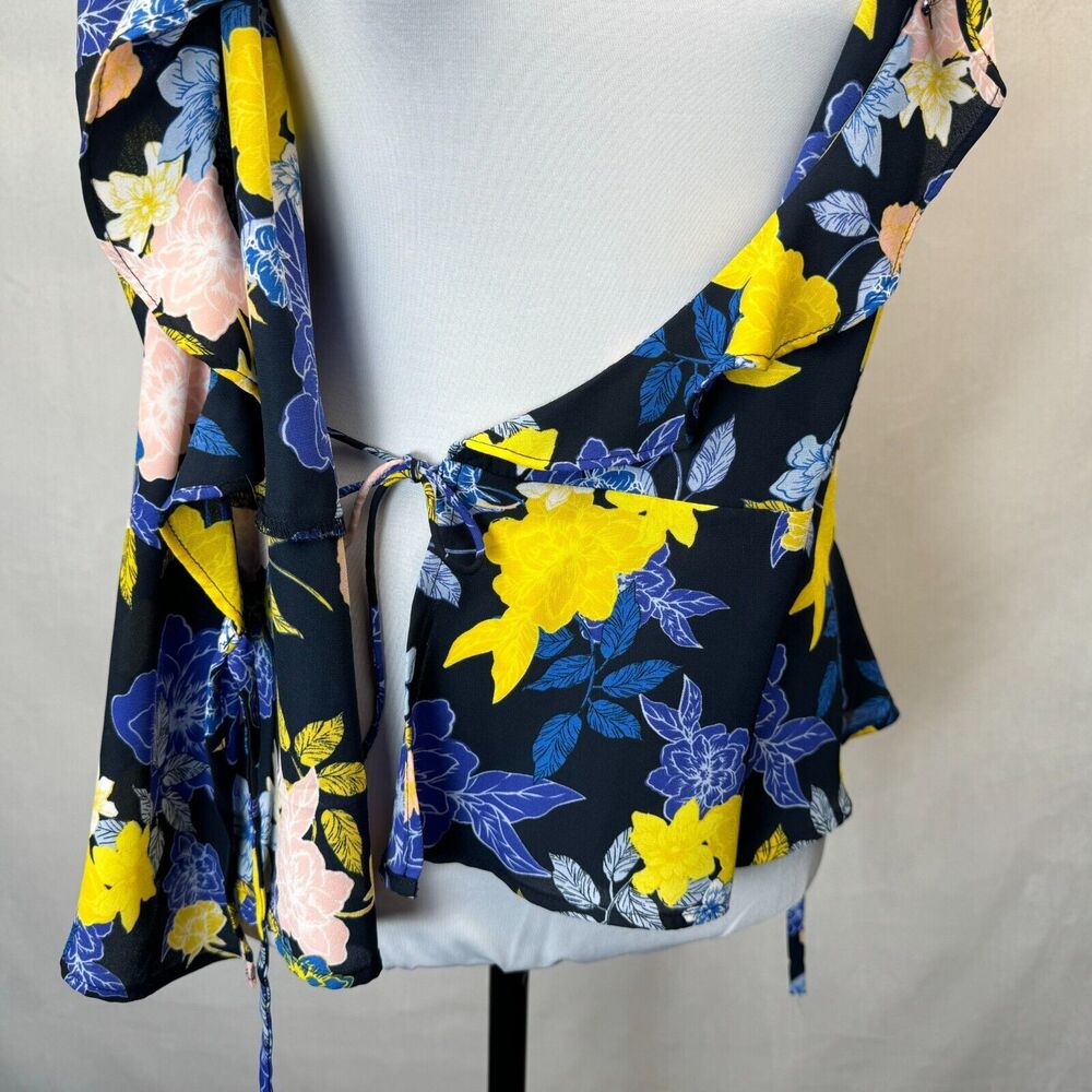 Banana Republic Wrap Blouse Sz S Black Floral Ruffle Design Cap Sleeve - Picture 7 of 13